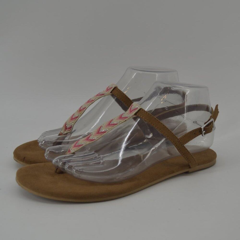 Divided Women's T-strap Sandals Coral Pink Silver Ribbon Arrow shapes Sz 8